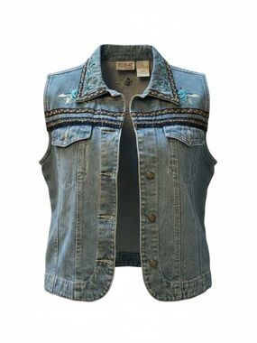 bill blass Vintage Faded Blue Embroidered Embellished Denim Vest